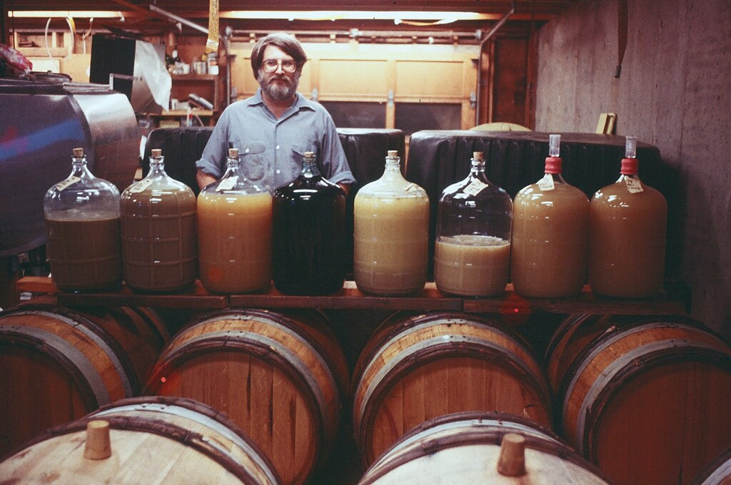 Man with 8 Jugs of varieties of wine at various fermentation stages