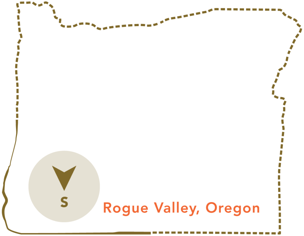 State outline of Oregon with the Rogue Valley highlighted