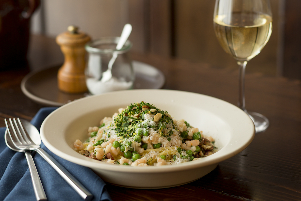 Spring pea pasta with bay shrimp and sweetheart ham