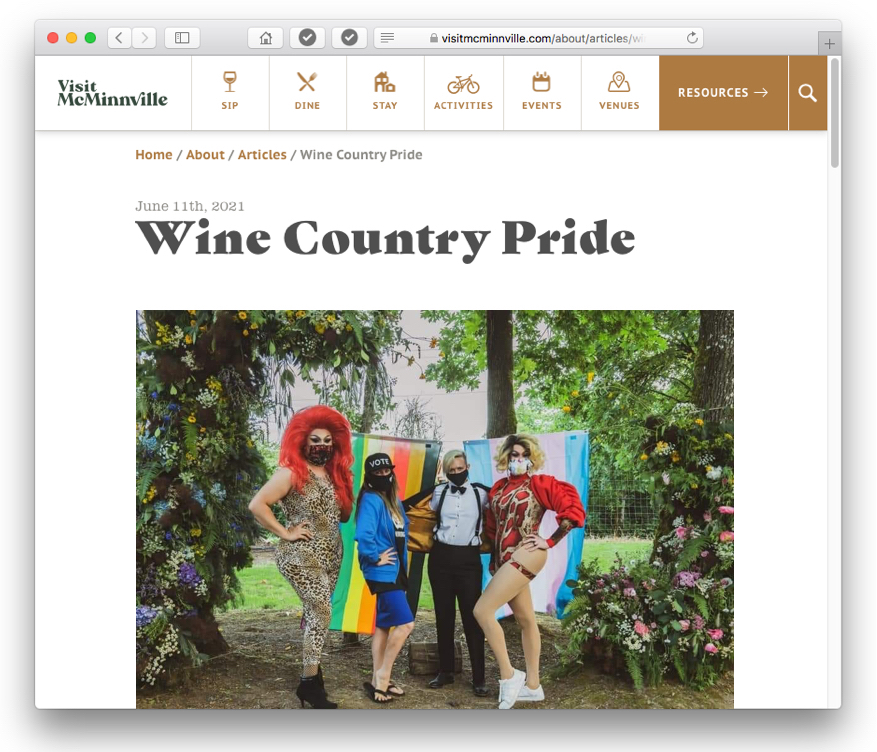 A screen shot of an article at visitmcminnville.com titled "Wine Country Pride"