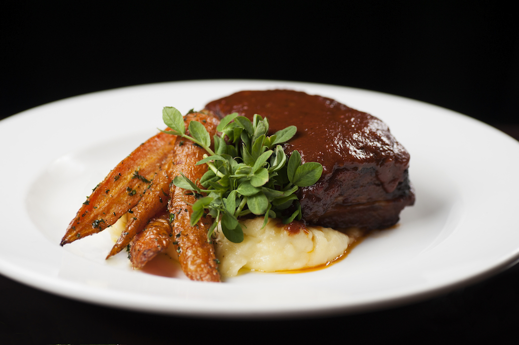 Braised Beef Short Rib with Horseradish Whipped Potatoes, Roasted Carrots and Pea Shoots
