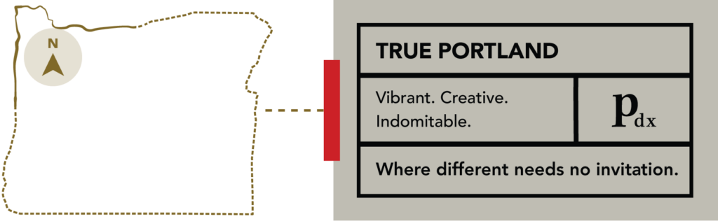 An outline of the state of Oregon next to a rectangular graphic that reads "True Portland"