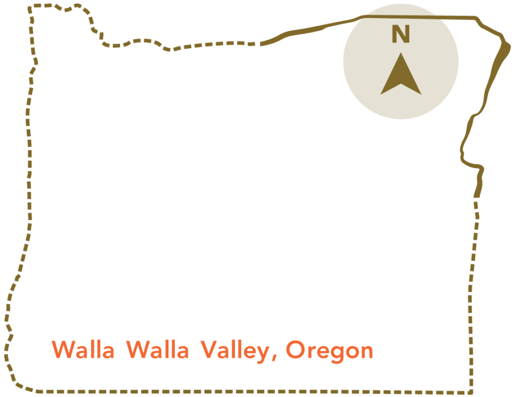State outline of Oregon with the Walla Walla Valley highlighted