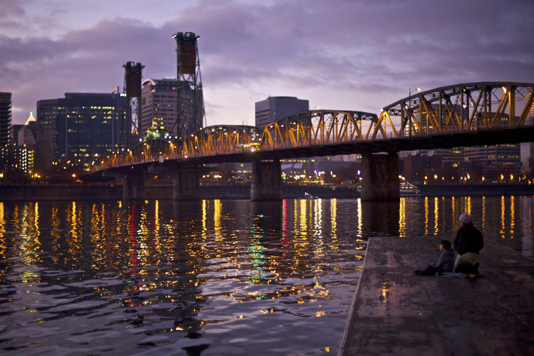 A nighttime shot of Portland from the Willamette River