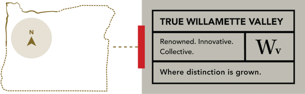 A graphic with the state outline of Oregon on the left side and a rectangle that says True Willamette Valley on the right side.