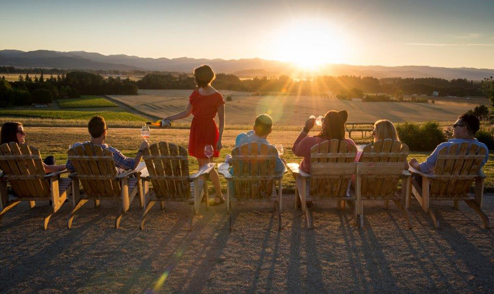 A row of people seated in front of a sunset, drinking wine